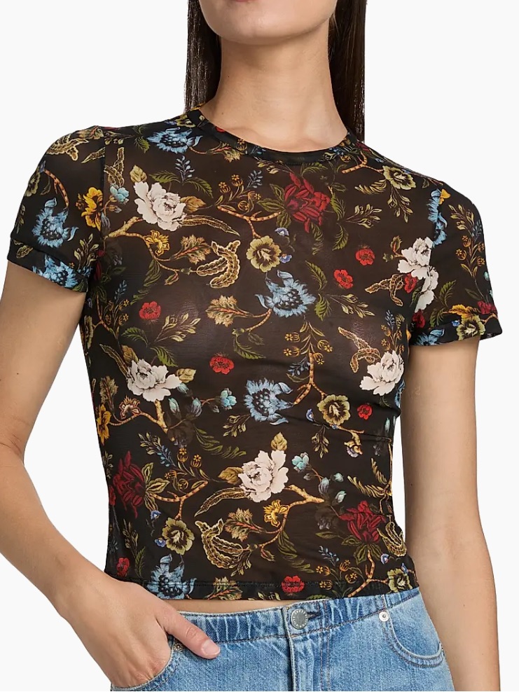 Alice + Olivia Black Floral Mesh Short-Sleeve Tess Tee